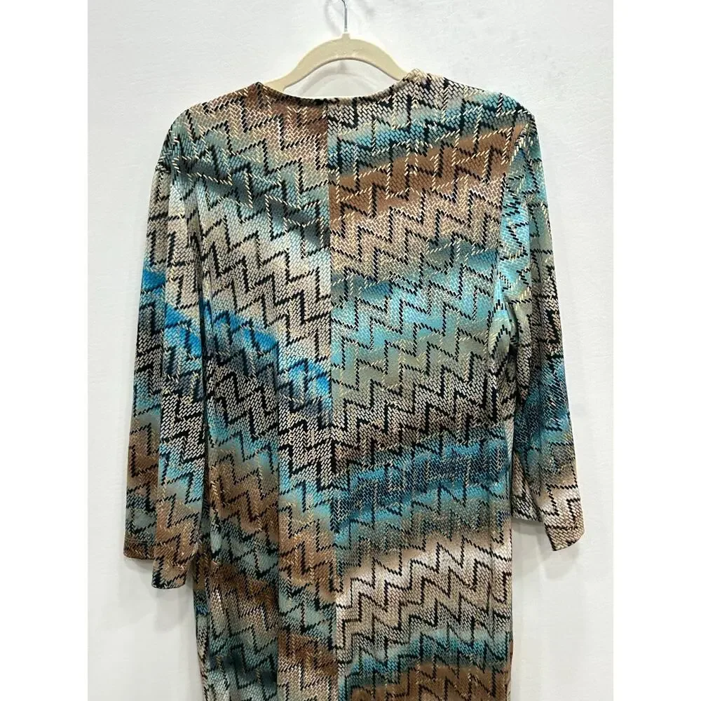Chicos‎ Travelers Womens Chevron Blue Brown Duster Size L Lagenlook Artsy